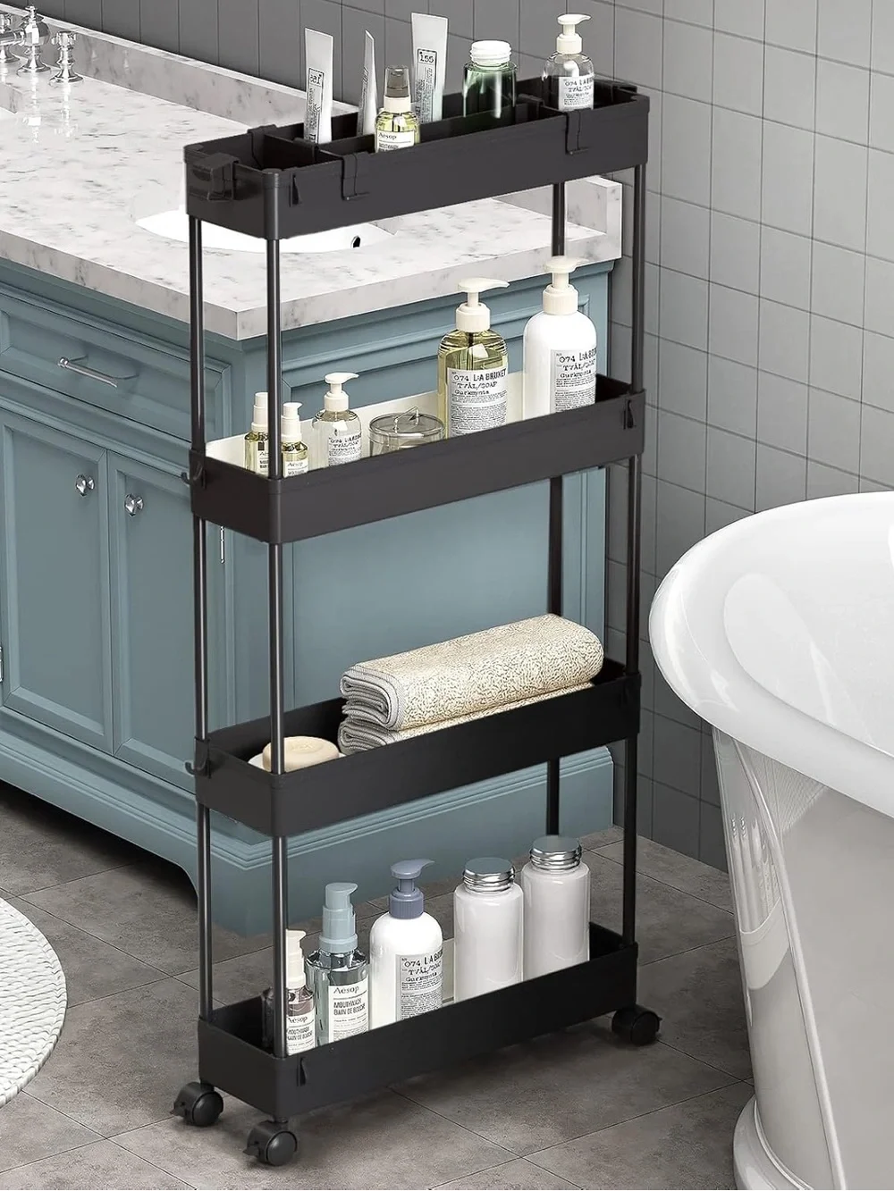 Black 4-Tier Rolling Bathroom Storage Shelf - Brand